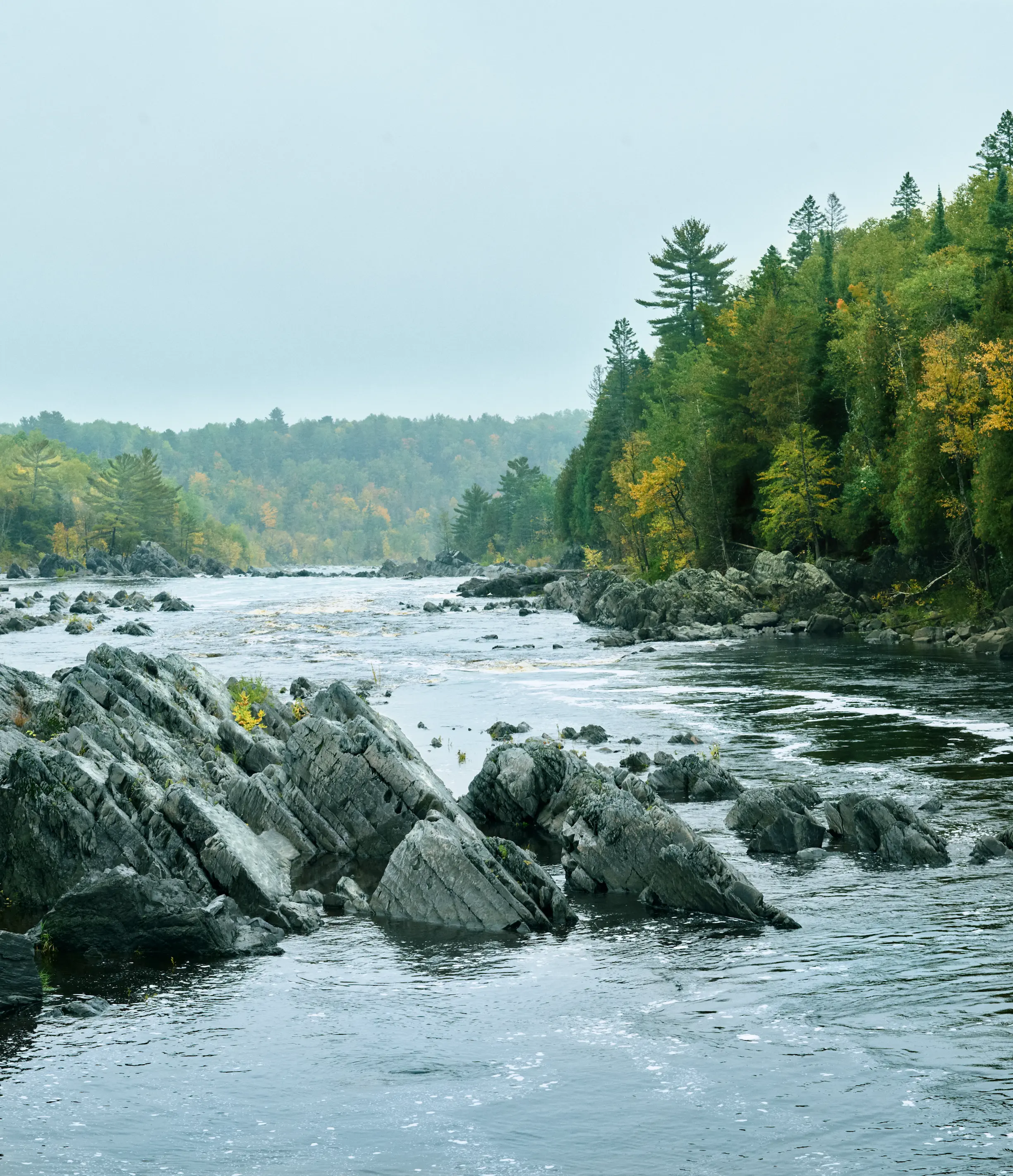 Green and blue tones highlight the water of the river and the angled, sharp edges of the rock formations. On the right, tall conifers stretch into the cloudy sky.